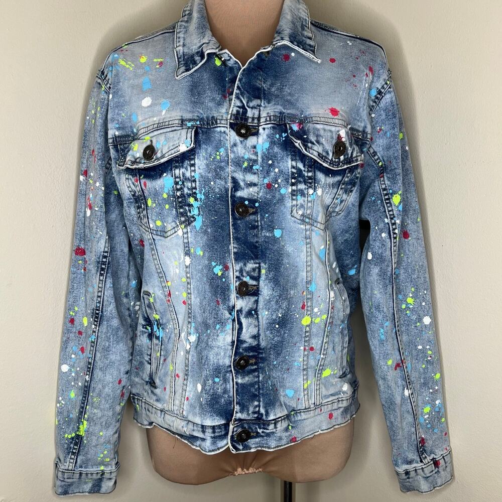 Evolution in Design Denim Jacket Medium Mens Streetwear Paint Splatter Graphic